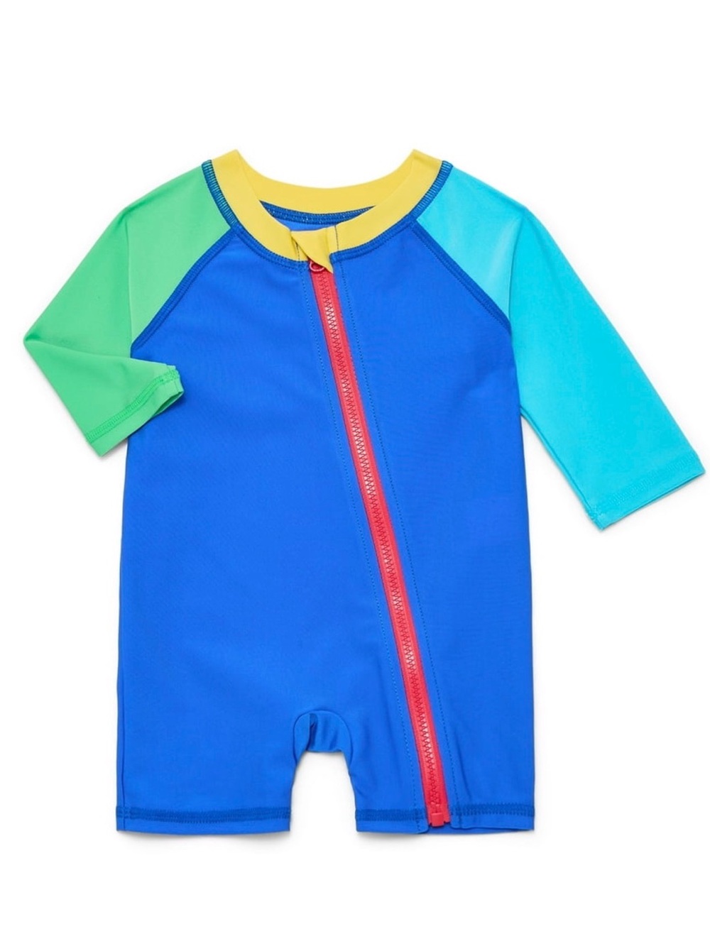 wonder nation Blue Colorblock Short Sleeve Sunsuit with Red Zip